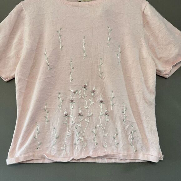 YarnWorks Women’s Pink Knit T-Shirt Size Large Acrylic Blend Short Sleeve - Picture 2 of 7